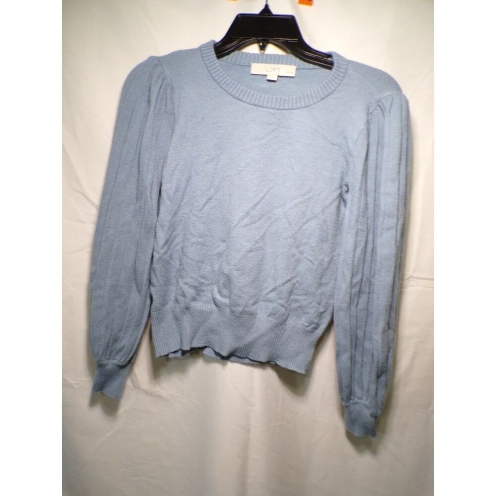 LOFT Women's Petite Medium Blue Ribbed Puff Sleeve Crew Neck Sweater